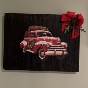 Handcrafted Christmas red truck picture on wood